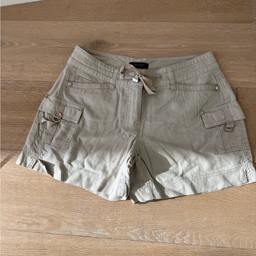White House Black Market linen-blend utility shorts in a tan or khaki color